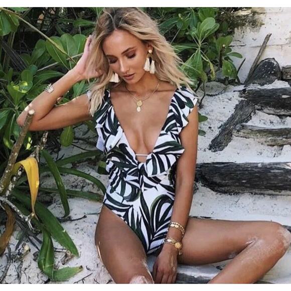 Women One Piece Swimsuit V Neck Ruffle Bathing Suit Padded Leaves Small Summer - Picture 14 of 14
